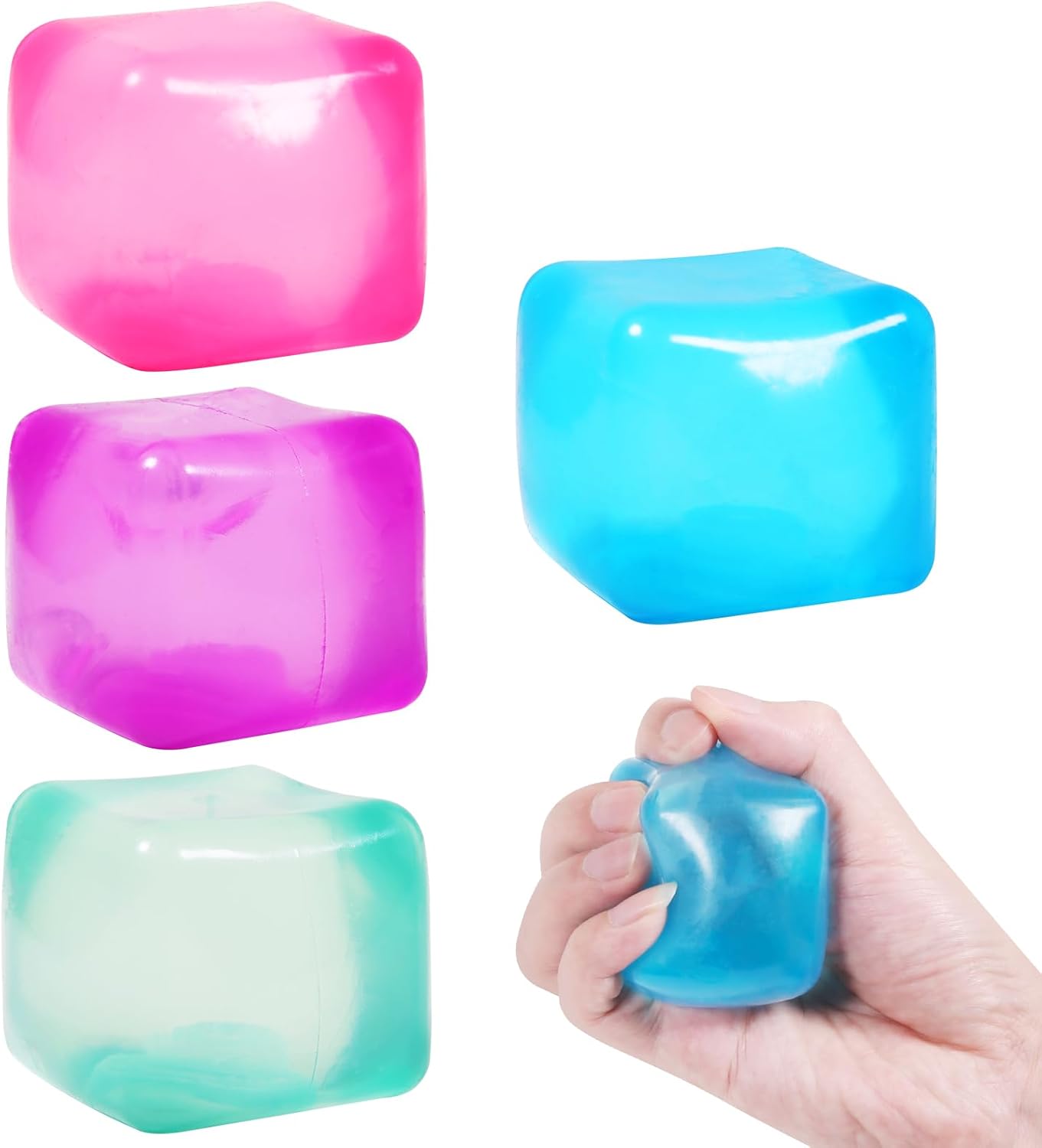 3pack Stress Cube Squishy Stress Balls for Adults Kids Fidget Toy for Your Best Mellow and Chill -Ice Cubes-Square Shape with Filling in Pink Purple Blue (3pcs Cube )