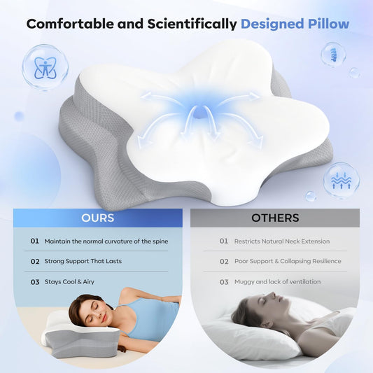 Cervical Neck Pillow, Ergonomic Memory Foam Pillow for Neck Pain Relief with Dual-Height Design, Breathable Cover, Neck Support for Side Back & Stomach Sleepers, Odorless White 1 pcs