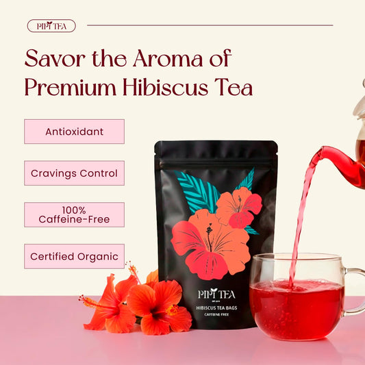 PiPi Tea Organic Hibiscus Tea Bags – Caffeine Free Herbal Tea Rich in Antioxidants, Non-GMO & Vegan, Sourced from Premium Hibiscus Flowers for Daily Wellness & Heart Health Support, 60g