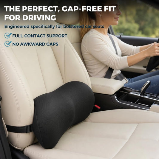 Lumbar Support Pillow for Car with Dual-Grip Stability System - Advanced Adaptive Memory Foam Back Pillow for Lower Back Pain Relief, Ergonomic Driving Seat & Office Chair Cushion, Black