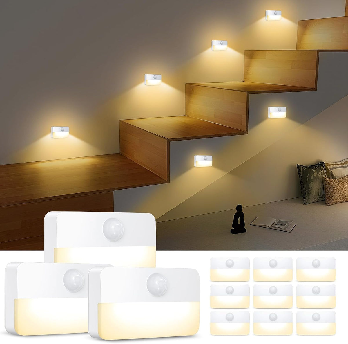 AMIR Mini Motion Sensor Stair Light for Indoor, Battery-Powered LED Night Light, 40 Lumen 3000K, Cordless Closet Lights, Safe Lights for Stairs, Hallway, Bathroom, Kitchen, Cabinet