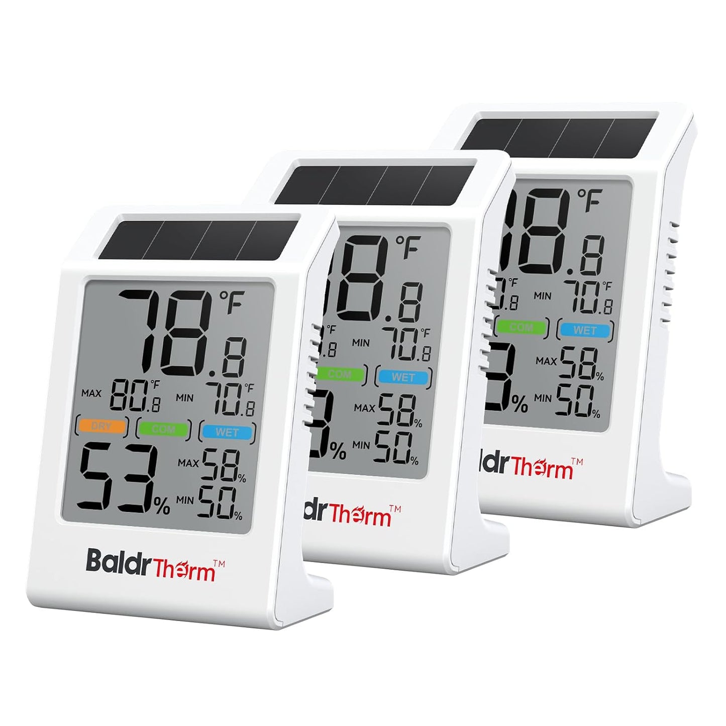 BaldrTherm Room Thermometer Indoor Humidity Meter Solar Powered with Max/Min Memory & Comfort Indicator - 3.2" Large Display for Home, White