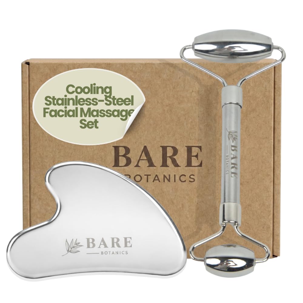 BARE BOTANICS Jade Gua Sha & Face Roller Set | Authentic Jade Facial Tools for Puffiness, Lymphatic Drainage & Glowing Skin | Dual Skincare Depuff Set | Vegan & Cruelty-Free