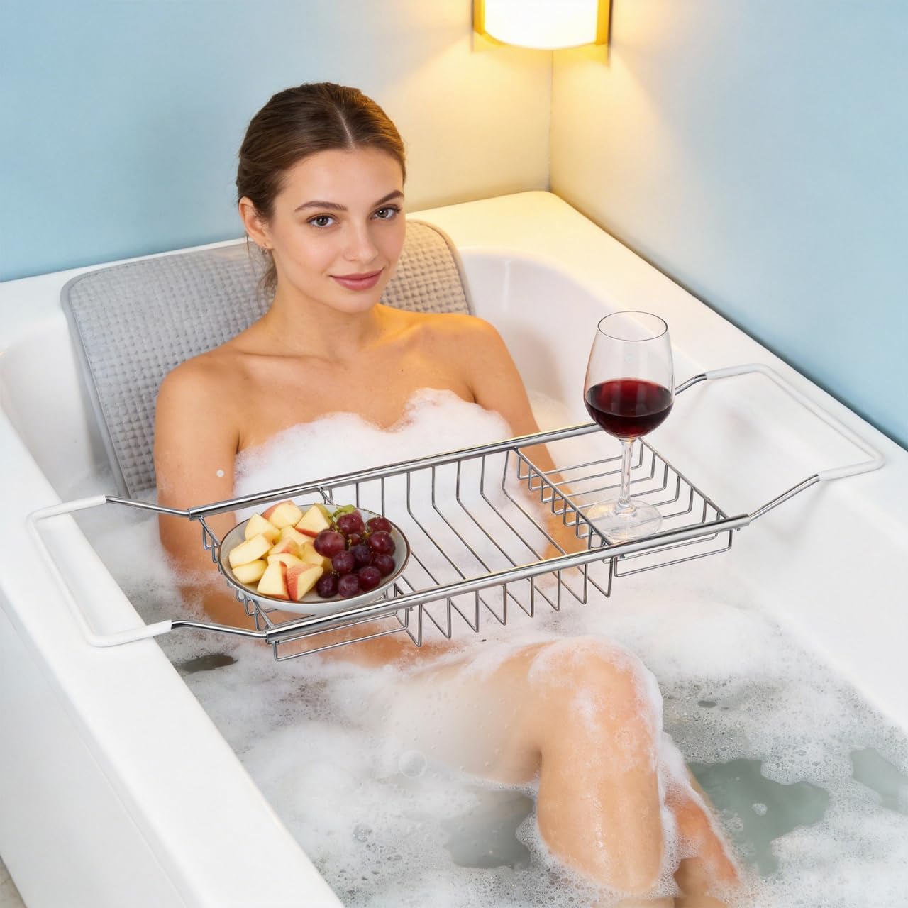 Cabilock Luxury Stainless Steel Bathtub Caddy Tray - 24.8in Expandable Modern Bath Rack for Tub with Wine Glass & Book Holder - Rustproof Shower Organizer & Tablet Stand for Home Spa, Gold