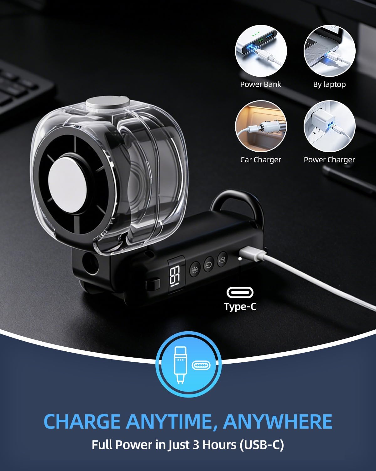 Portable Handheld Turbo Fan with Ice Cooling, 45ml Mist Fan, Up to 12H Cooling, 199 Speed, USB Rechargeable, High Power Motor, Personal Cooling Fan for Outdoor, Travel, Beach, Camping (Black)