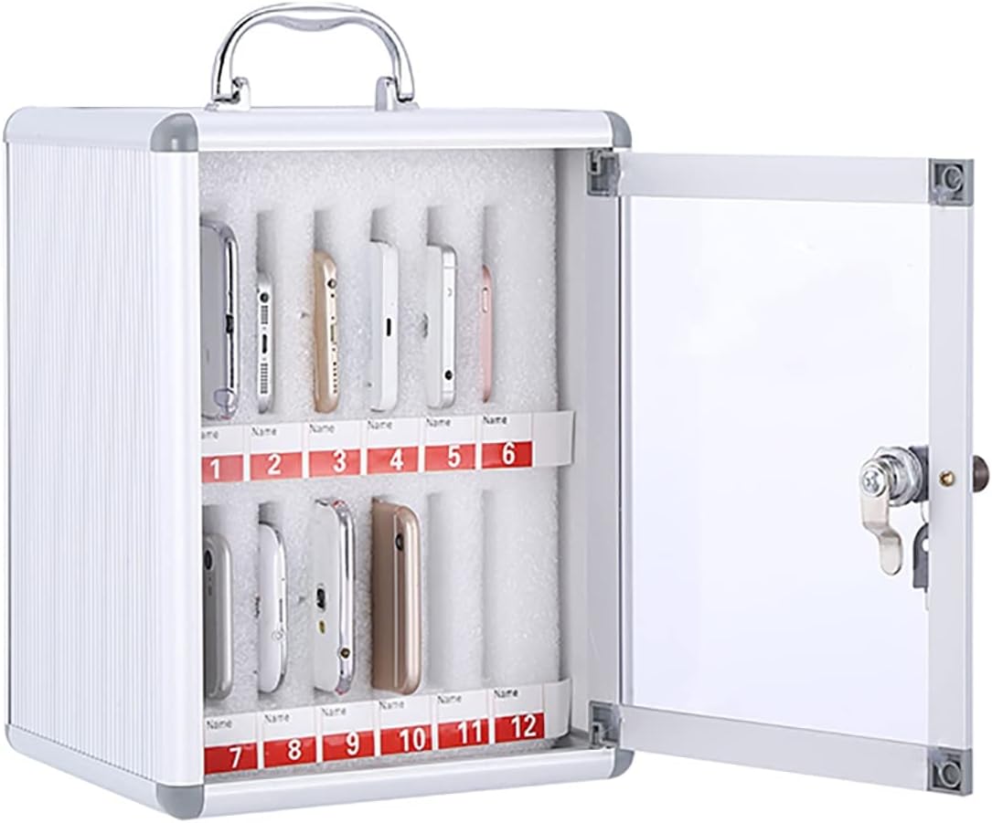 Aluminum Alloy Cell Phone Charging Station & Storage Cabinet - 6/12 Slot Locker with Handle for Classroom, Office, and Event Use - Clear Pocket Chart,12 Slots