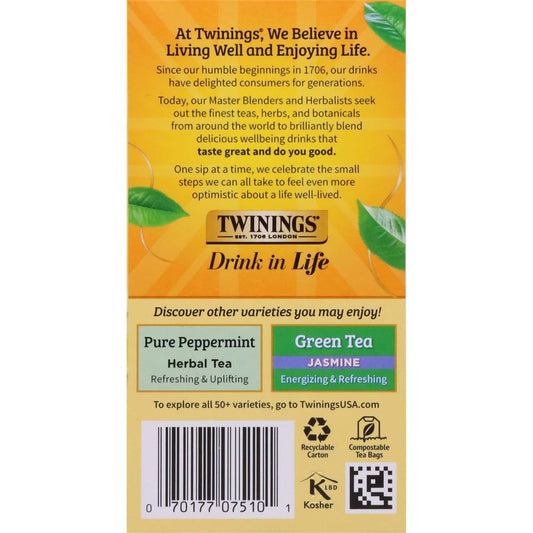 Twinings Lemon & Ginger Herbal Tea Individually Wrapped Bags, 20 Count (Pack of 1), Tangy Lemon, Spicy Ginger, Naturally Caffeine-Free, Enjoy Hot or Iced, 20 Teabags