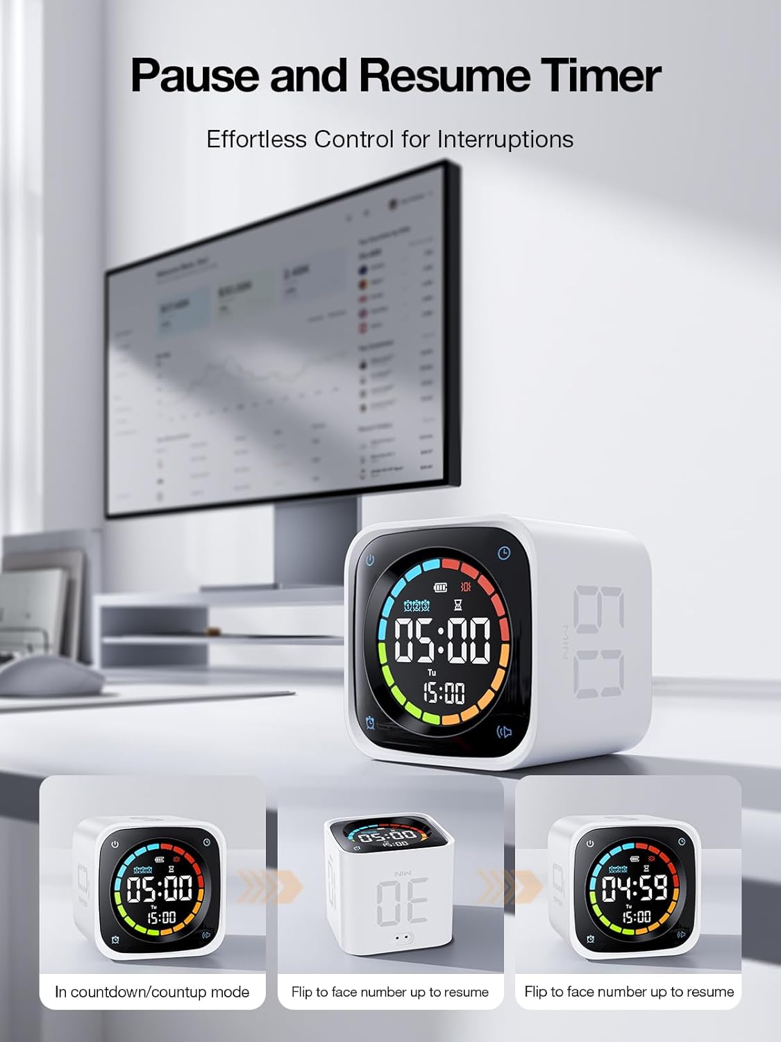 TK3 Pomodoro Timer Cube, Desk Productivity Timer with 5/10/30/60 Min Presets, Custom Countdown, Stopwatch, Clock, 3 Alarm, Silent, Vibrate & Sound Alert, for Task, ADHD, Study, Kitchen, Black