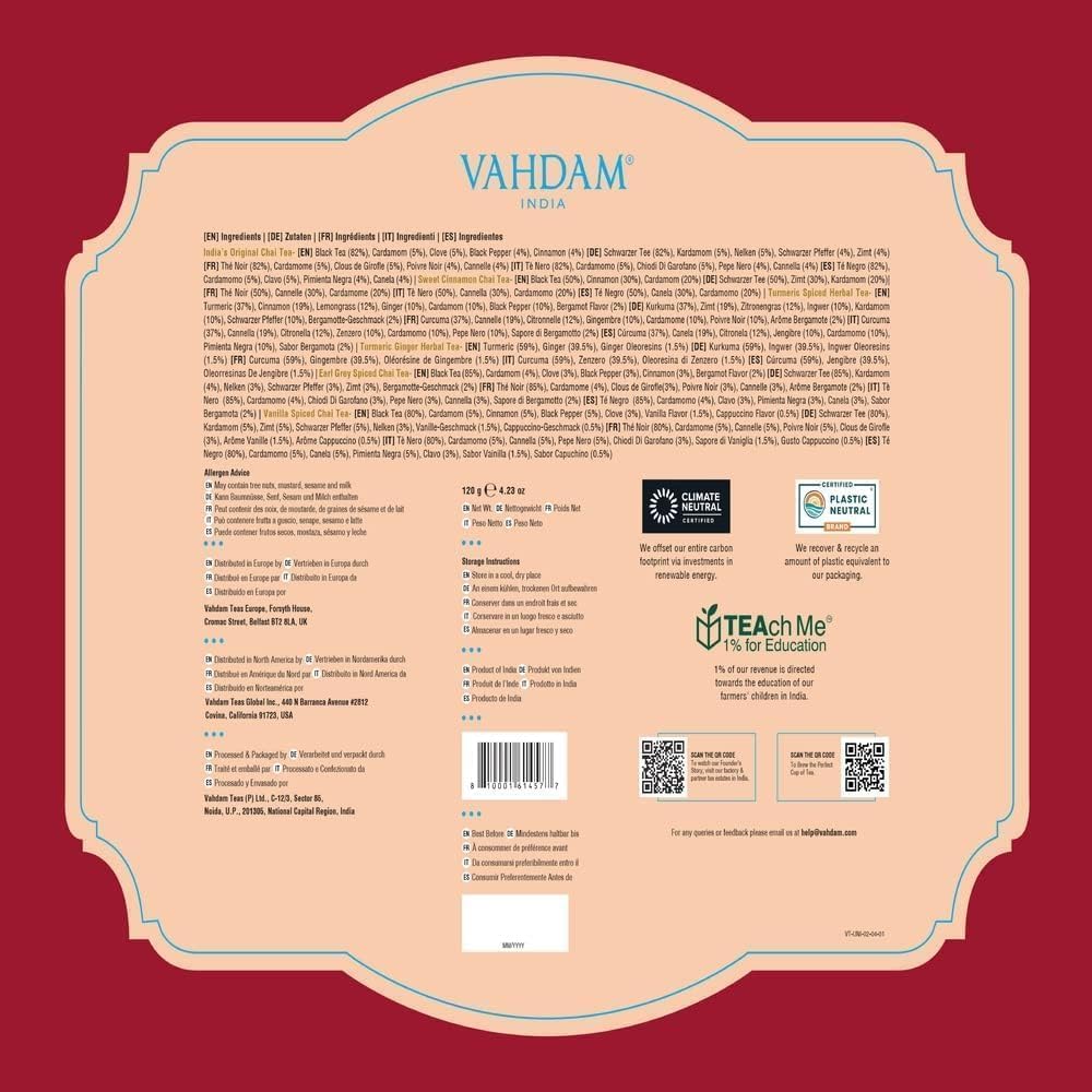 VAHDAM, Assorted Chai Tea Variety Pack (6 Delicious Flavors, 36 Eco Friendly Pyramid Tea Bags) Caffeinated, Gluten Free, Non GMO | Indian Masala Chai Tea Blends | Tea Gift Set for Men and Women