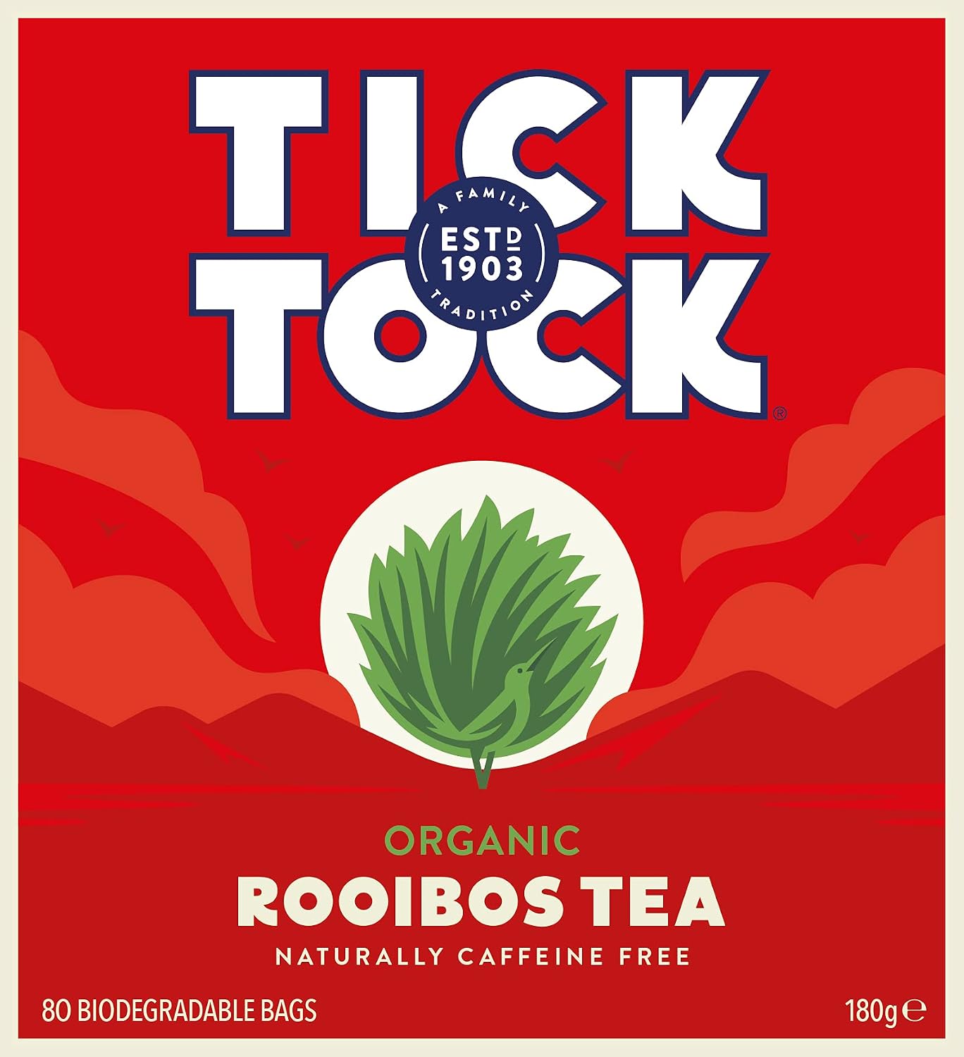 TICK TOCK TEAS Organic Rooibos Tea Bags - Naturally Caffeine Free Red Bush Herbal Tea from South Africa | Smooth & Rich Flavor, Low Tannin, Enjoy Hot or Iced with Milk, Lemon, or Honey - 80 Count