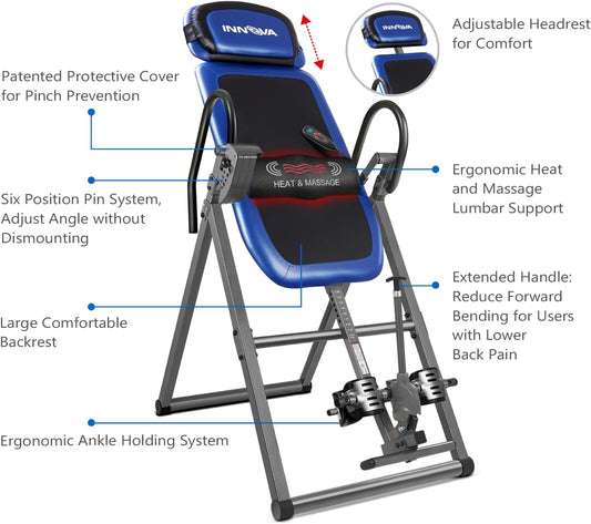 INNOVA HEALTH AND FITNESS ITM4800 Advanced Heat and Massage Inversion Table,Black/ Blue / Gray