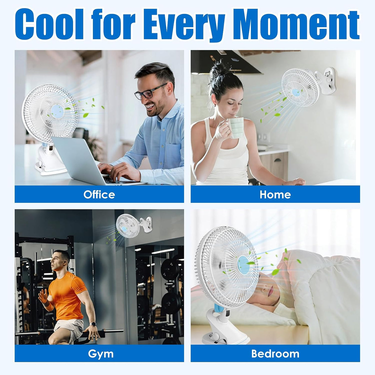 TeqHome Clip-On Fan, 2 Speeds Quiet Oscillating Clip Fan, 90° Adjustable Tilt, Portable Rechargeable Personal Fan for Desk, Home, Office, Dorms, Strollers, Camping, Wall Mount