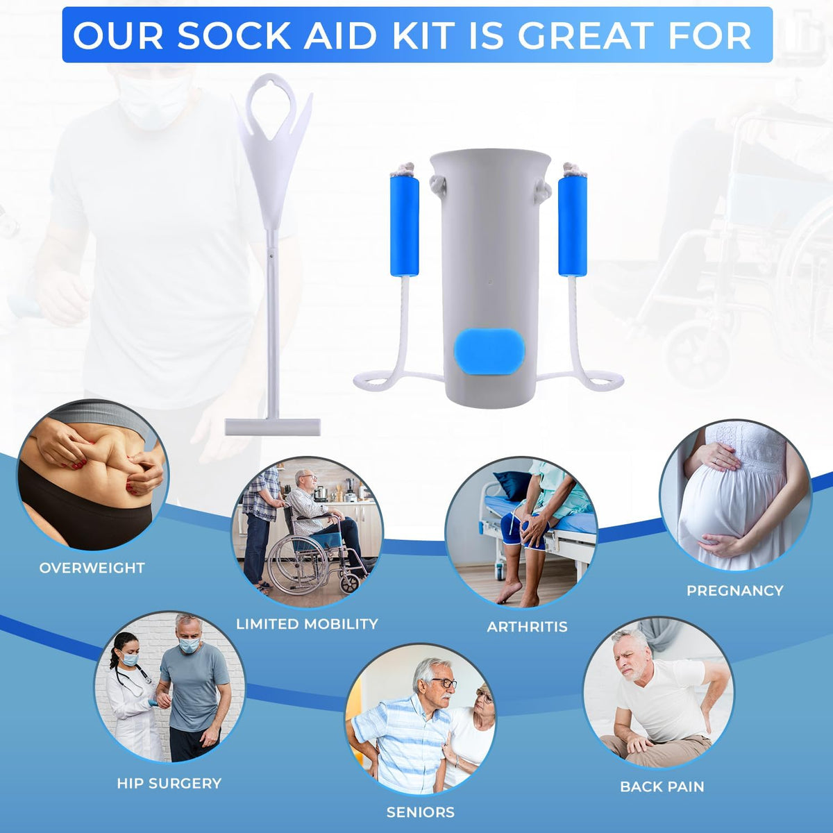 Sock Aid Kit, Premium Sock Puller Aid for Removing Socks or Stockings, with a Super Flexible Sock Aid Device with Long Rope. The Perfect Set for Putting On and Removing Socks or Stockings.