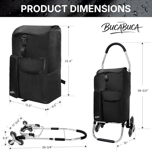 BUCABUCA Stair Climbing Shopping Cart, 2-in-1Foldable Grocery Cart on Wheels with Removable Waterproof Bag & Adjustable Cargo Strap