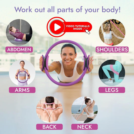 Pilates Ring and Ball Set with Video Tutorials, 10-in-1 Home Pilates Kit | Complete beginner-friendly workout kit for women to tone, strengthen and improve flexibility, balance and core at home