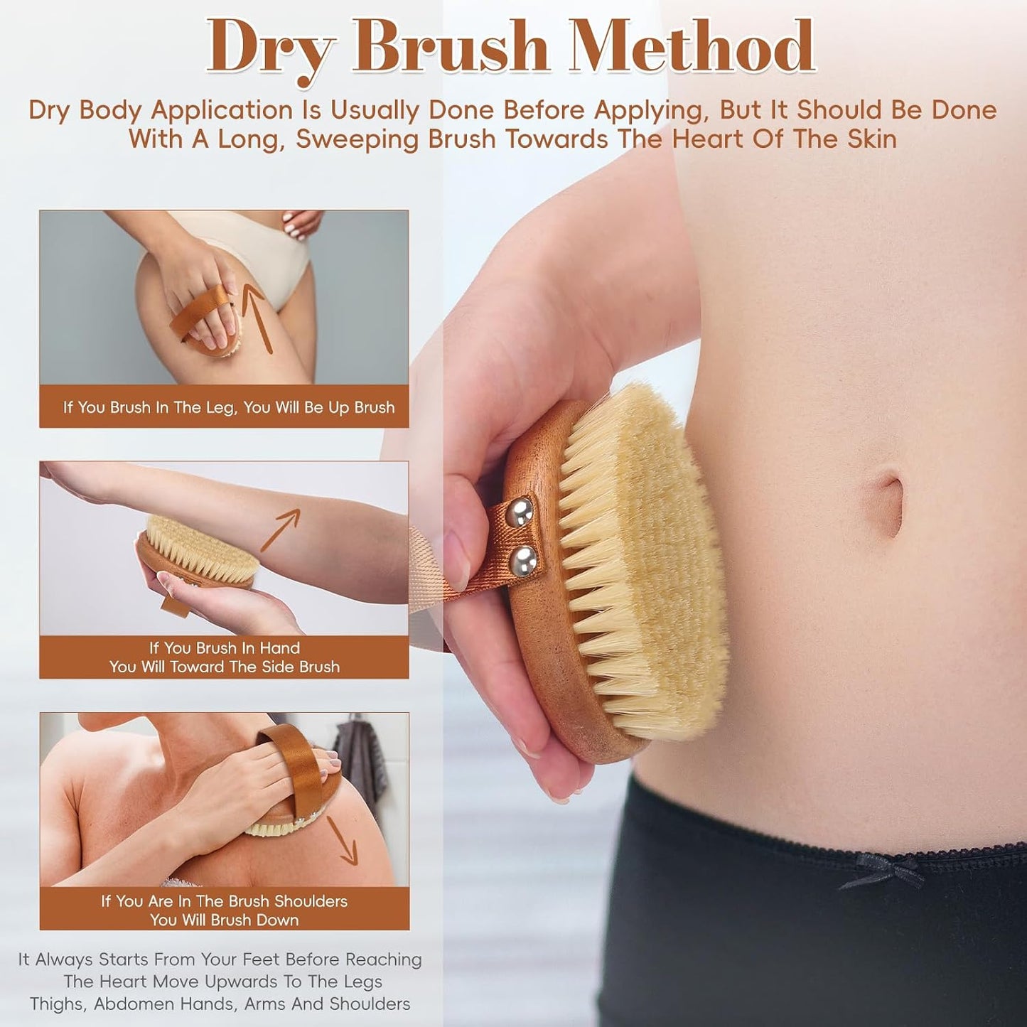 DEBETOOL Dry Brushing Body Brush - Natural Boar Bristle Dry Body Brush for Lymphatic Drainage, Cellulite, Blood(Medium Hardness)