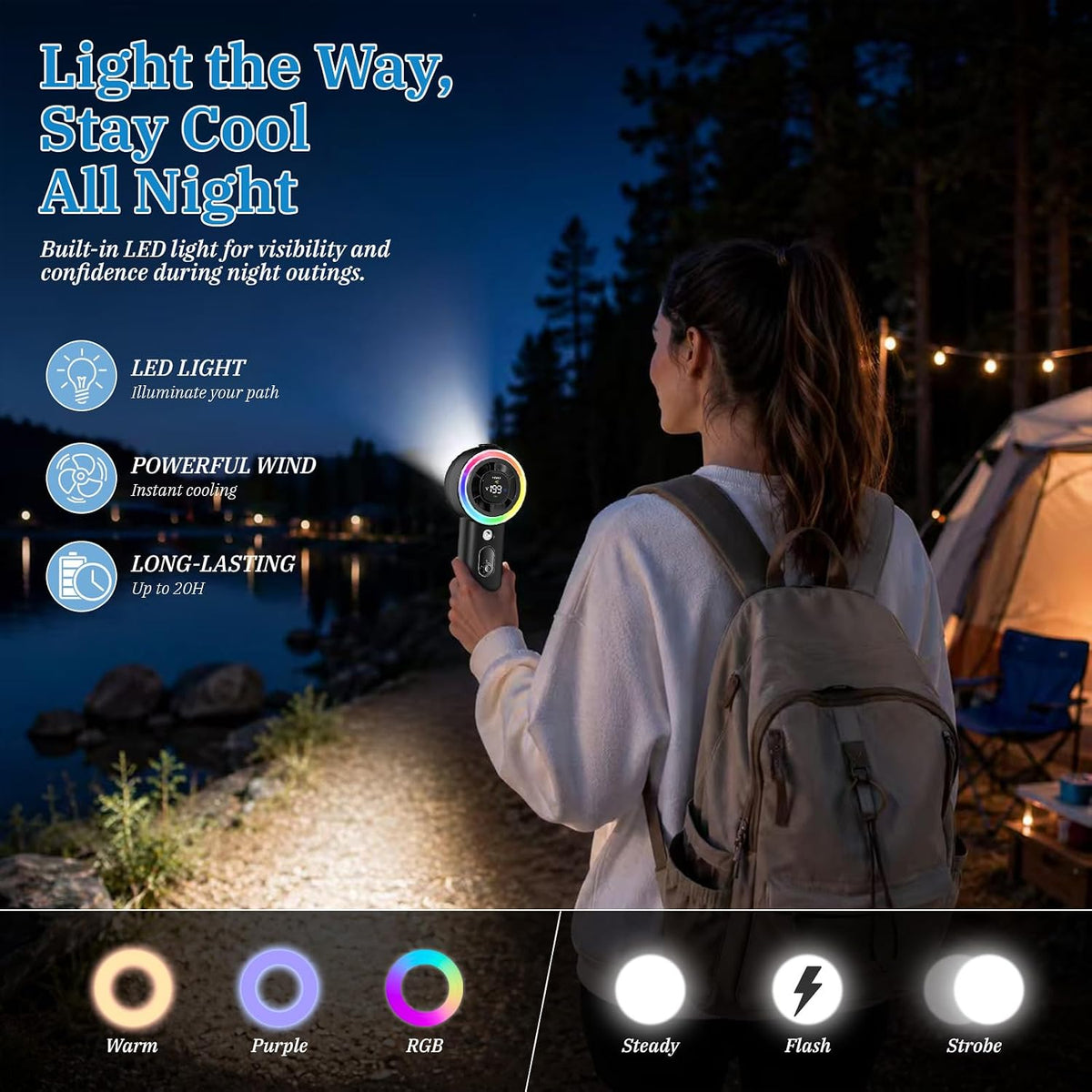 Portable Fan with Mist, Rechargeable Cooling Handheld Misting Fan With RGB & Cool White Light, 1-199 Speed, LED Display, 4000mAh Battery for Travel, Outdoors, Makeup, Camping, Home & Office