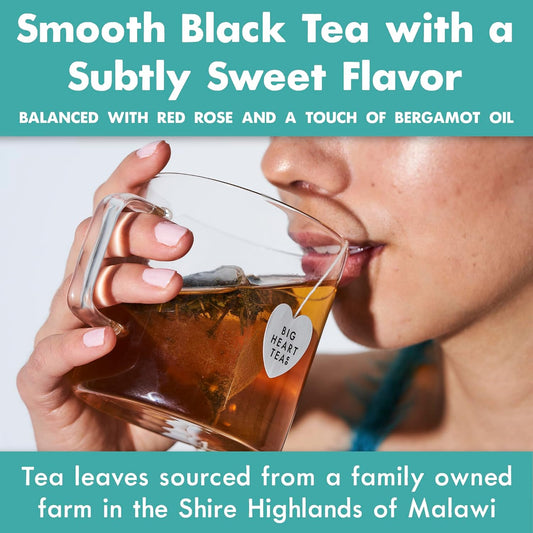Big Heart Tea Co. Tea Bags - Edith Grey - Direct Trade Malawi Caffeinated Black Tea in Zero Plastic Sachets with Small Batch Organic Whole Herbs - Red Rose, Bergamot Oil, 20 Tea Bags