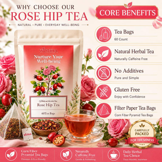WOTIHA Rosehip Herbal Tea Bags, Caffeine-Free, 60 Count
