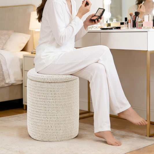 Wimarsbon Pouf Ottoman, 100% Cotton Knitted Boho Footstool, Round Footrest with Non-Skid Wood Legs, Home Décor Handmade Pouffe, Leisure Floor Step Stool for Living Room (Beige)
