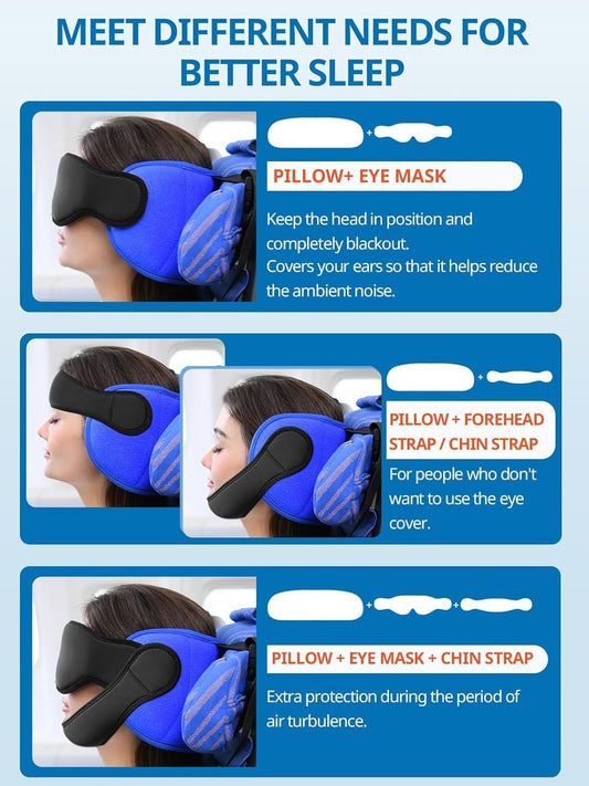 SARISUN Travel Pillows for Airplanes, 2pcs Airplane Pillows for Long Flight with Sleep Eye Mask, Plane Head Strap for Road Trip, 360° Support for Sleeping, Stop Bobblehead Travel Essentials, Black