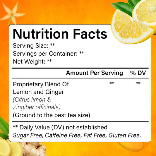 FreshDrinkUS, Premium 75 Lemon Ginger Tea Bags, 100% Natural Ingredients, Hand-made Blend of Lemon and Ginger, Eco-conscious Tea Bags. No Sugar, No Caffeine, No Gluten, Vegan.