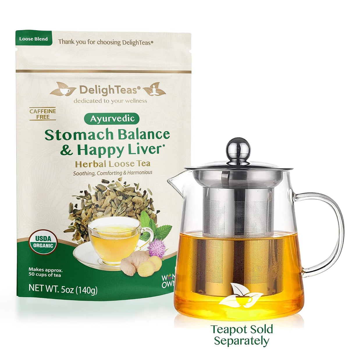 DelighTeas Stomach & Liver Tea | Ayurvedic Herbal Blend for Digestion | Organic Milk Thistle, Fennel, Ginger, Peppermint & Licorice | Vegan, Caffeine-Free, Sugar-Free | Loose Leaf, 50 Servings, 5oz