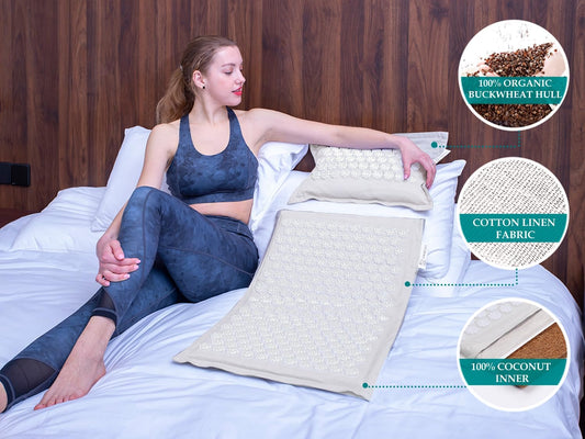 UNMERA Acupressure Mat and Pillow Set,Natural Premium Linen & Coconut Fiber Filling,for Back/Neck Pain Relief, Sciatic, Headache and Muscle Relaxation, Comes with Carrying Bag