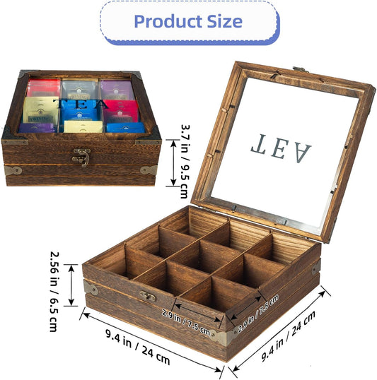 MOLIGOU Wood Tea Box Organizer, Tea Storage Chest with Glass Lid, 9 Compartments, Tea Bag Holder Organizer for Cabinet, Pantry