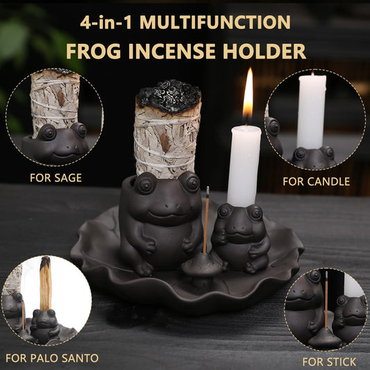 ChangWanna Frog Incense Stick Holder - Ceramic Insence Burner Ash Catcher, Insense Stand with 45 Sandalwood Sticks, Ornament for Aromatherapy/Yoga/Meditation/Home Living Room Office Decor