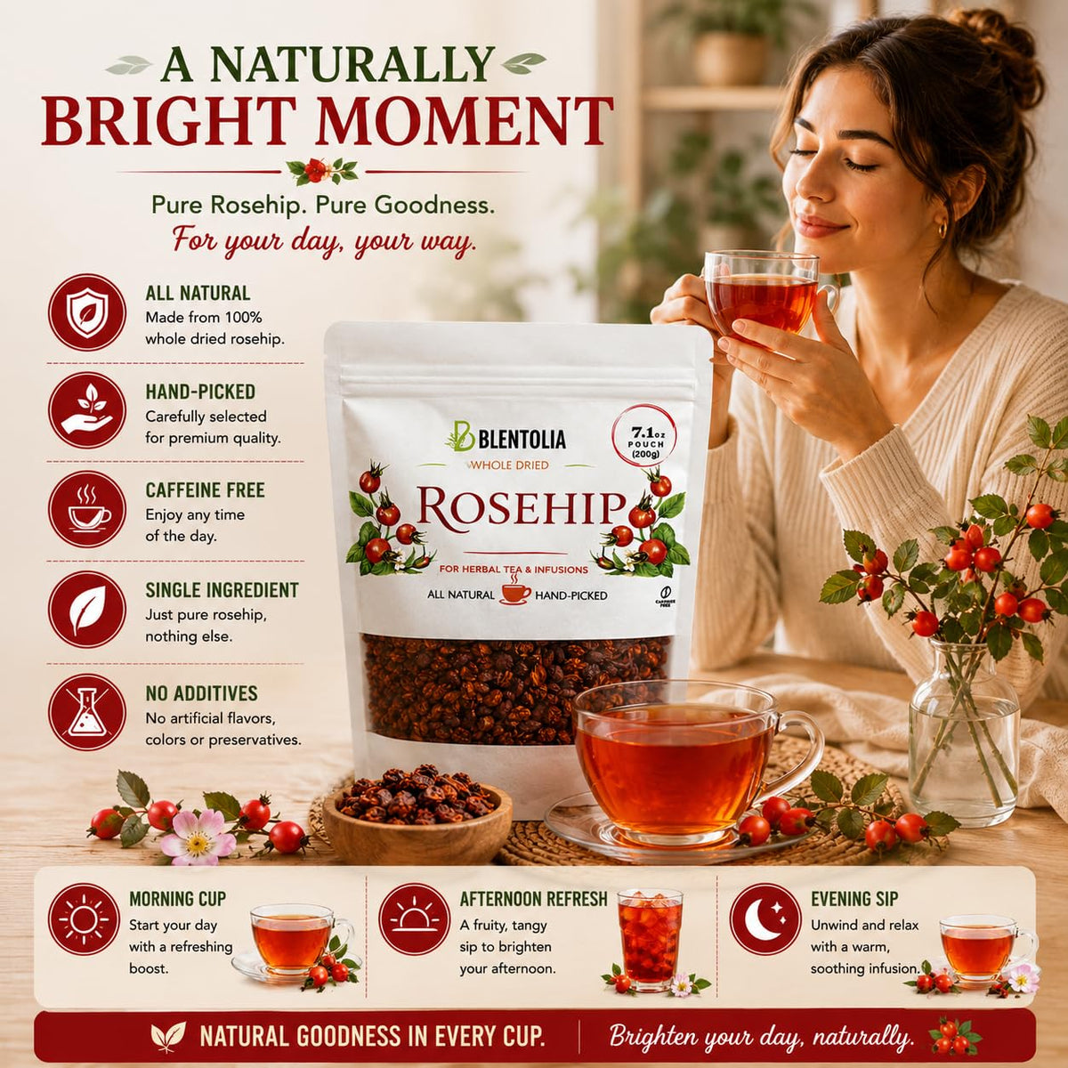 Blentolia Rosehip Whole Dried | 100% Natural Herbal Tea | Vitamin C Rich, Immune & Wellness Support | Caffeine-Free | 7.05oz (200g) Resealable Pouch