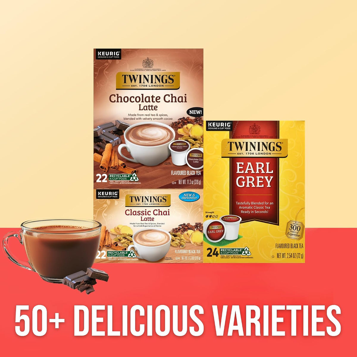 Twinings Chocolate Chai Latte Tea K-Cup Pods for Keurig, 22 Count (Pack of 1), Velvety Smooth Cocoa with Real Spiced Tea, Caffeinated, Enjoy Hot or Iced