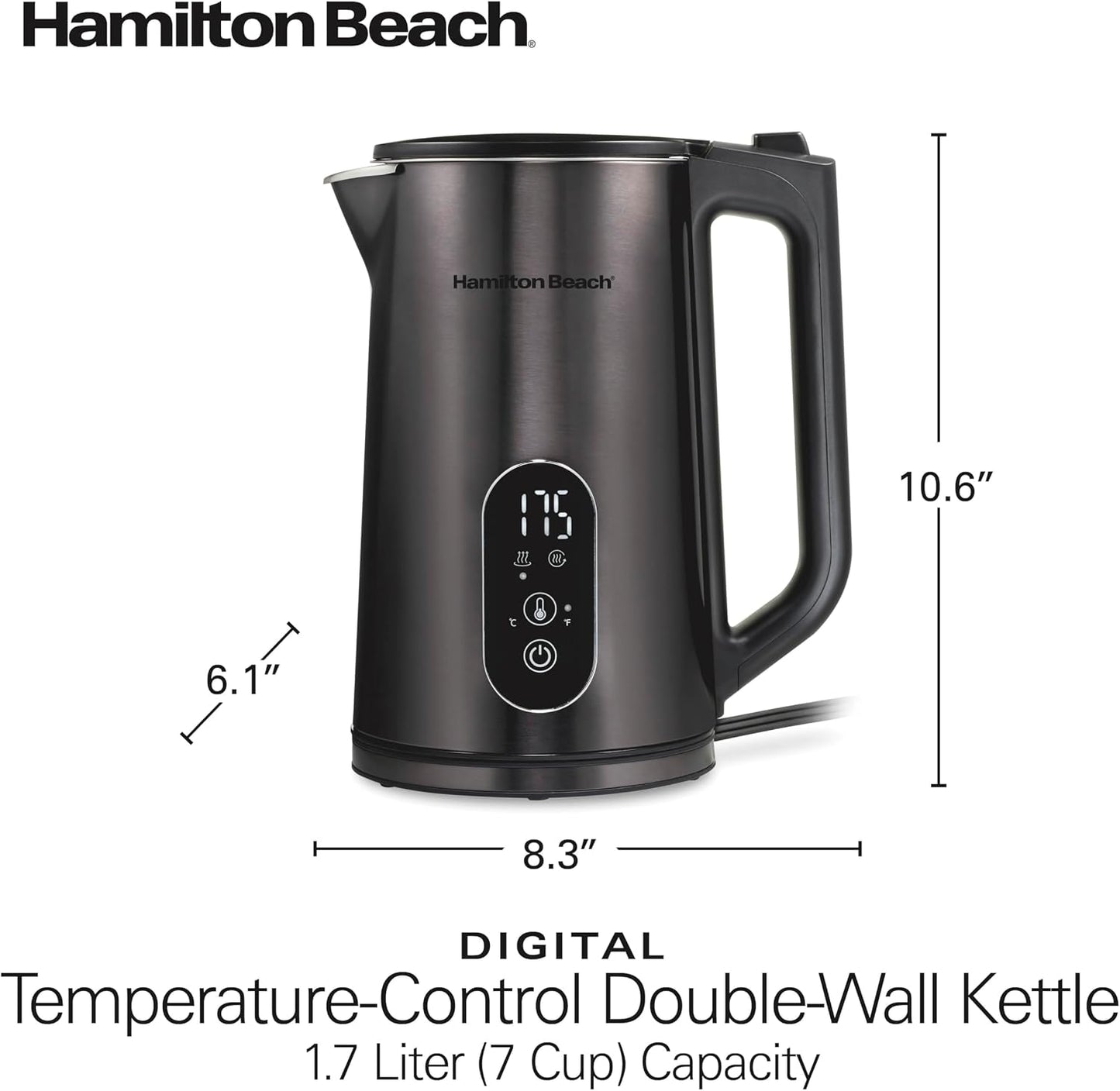 Hamilton Beach Digital Temperature Control Electric Tea Kettle, Hot Water Boiler & Heater 1.7L, 5 Preset Modes + Keep Warm, Fast Boil 1500 Watts, BPA Free, Double Wall Construction, Black (40851)