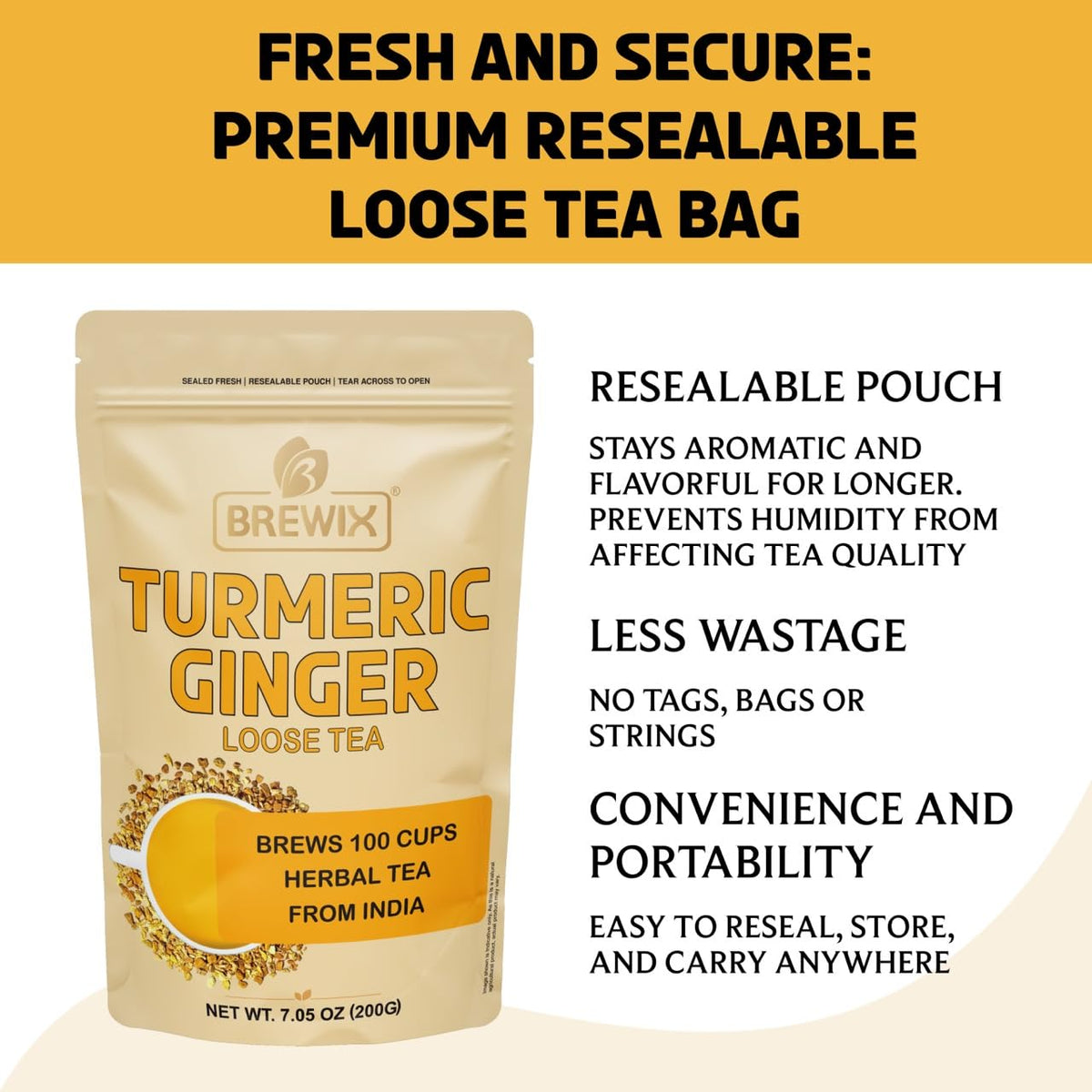 BREWIX, Turmeric Ginger Loose Herbal Tea (100+ Cups, 7.05oz/200g) Caffeine & Gluten Free | Ginger Root Tea | Savory & Spicy
