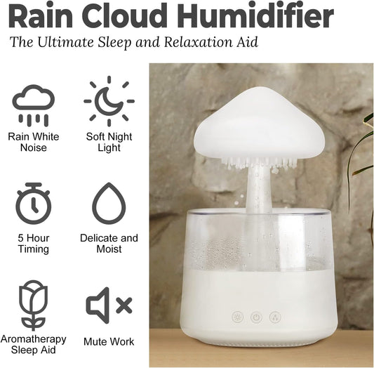 Rain Cloud Humidifier Water Drip with Adjustable LED Lights White Noise Humidification Desk Fountain Bedside Sleeping Relaxing Mood (White)