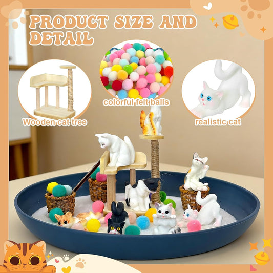 Zen Garden for Desk with Tray Sand Tools Cat Figurines DIY Micro Landscape Ornaments Miniature Meditation Sand Garden Stress Relief Desk Decor for Cat Lover Gifts