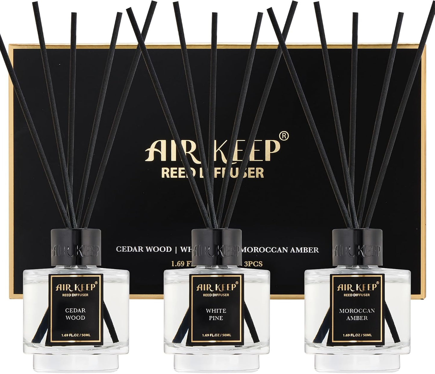 Airkeep Reed Diffuser Set of 3 for Bathroom Air Fresheners, Oil Diffuser Sticks | Cedar Wood,White Pine Moroccan Amber Scent Diffuser(1.7 fl oz*3) Fragrance with 18 Sticks Defusers | Shelf Decor