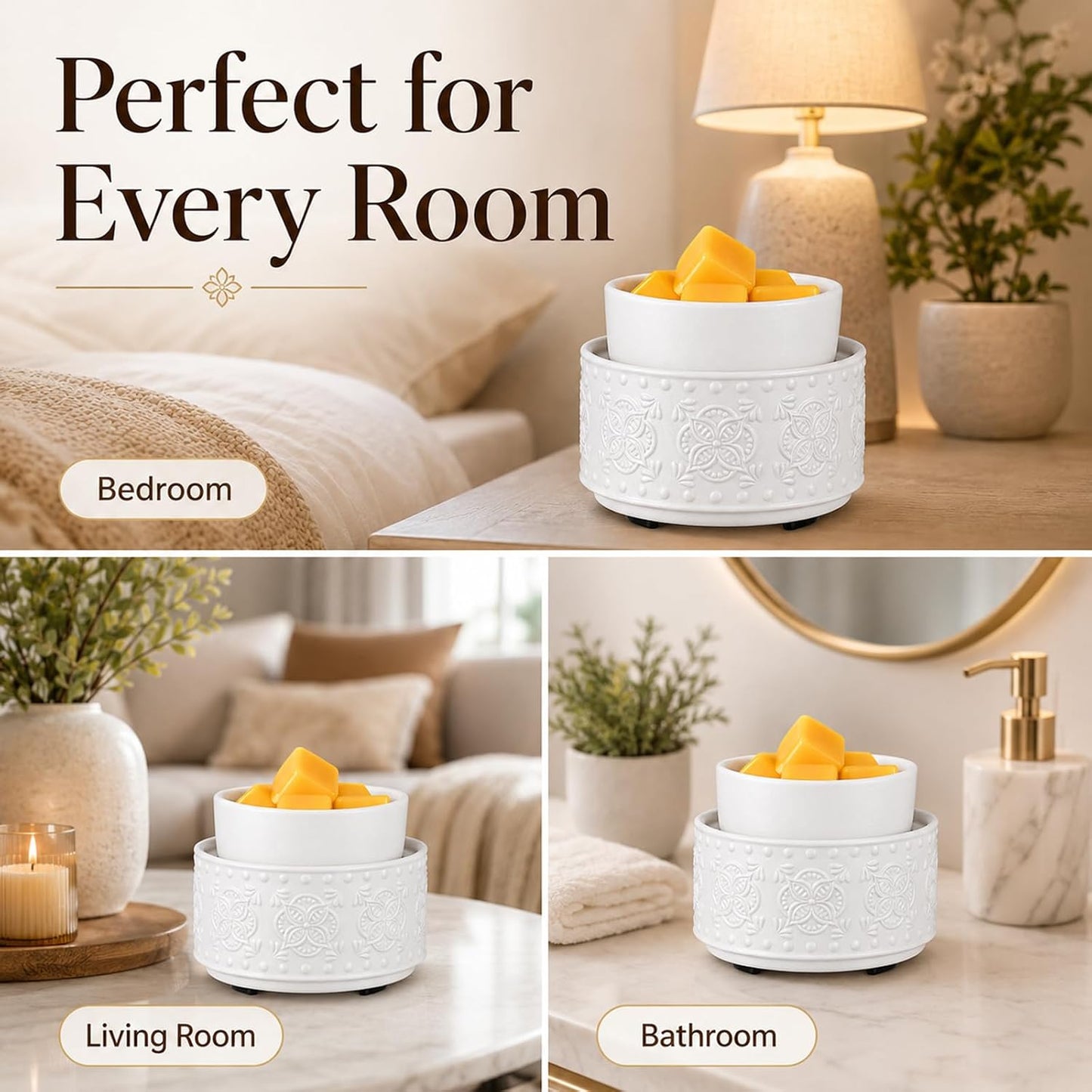 mocosa Ceramic Wax Melt Warmer, 3-in-1 Electric Wax Warmer for Scented Wax Melts, Flameless Candle Wax Burner for Home Fragrance, Bedroom Bathroom Office Decor, Gifts for Women Mom(Beige-Granular)