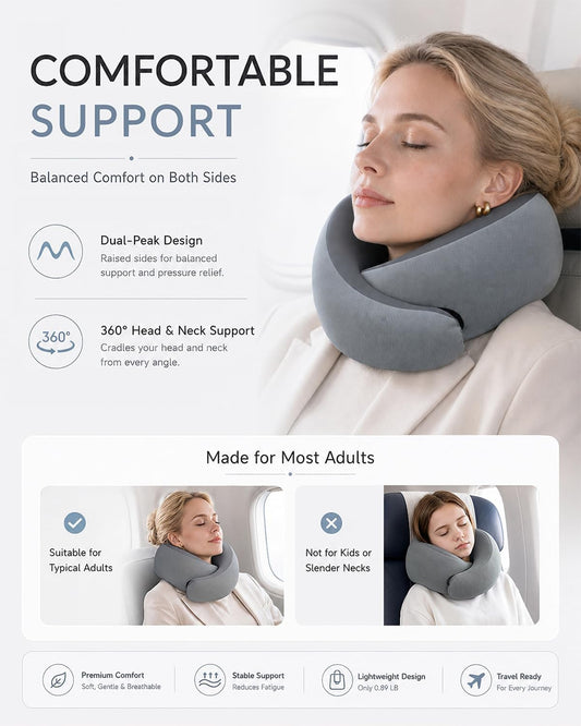 Travel Pillow for Airplane - Memory Foam Neck Travel Pillow with 360° Chin & Neck Support, Dual Raised Sides, Washable Breathable Cover, Compact Travel Bag for Long Flights, Car, Train, Sleeping