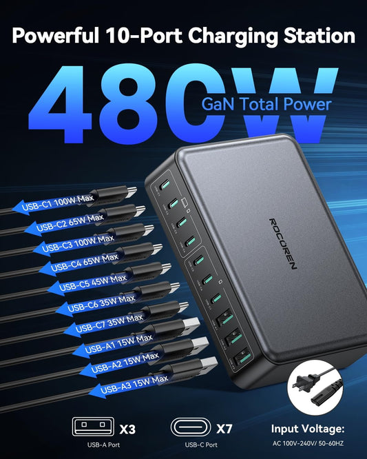 Rocoren 480W GaN 10‑Port Charging Station, PD 100W Fast USB‑C Charger Hub
