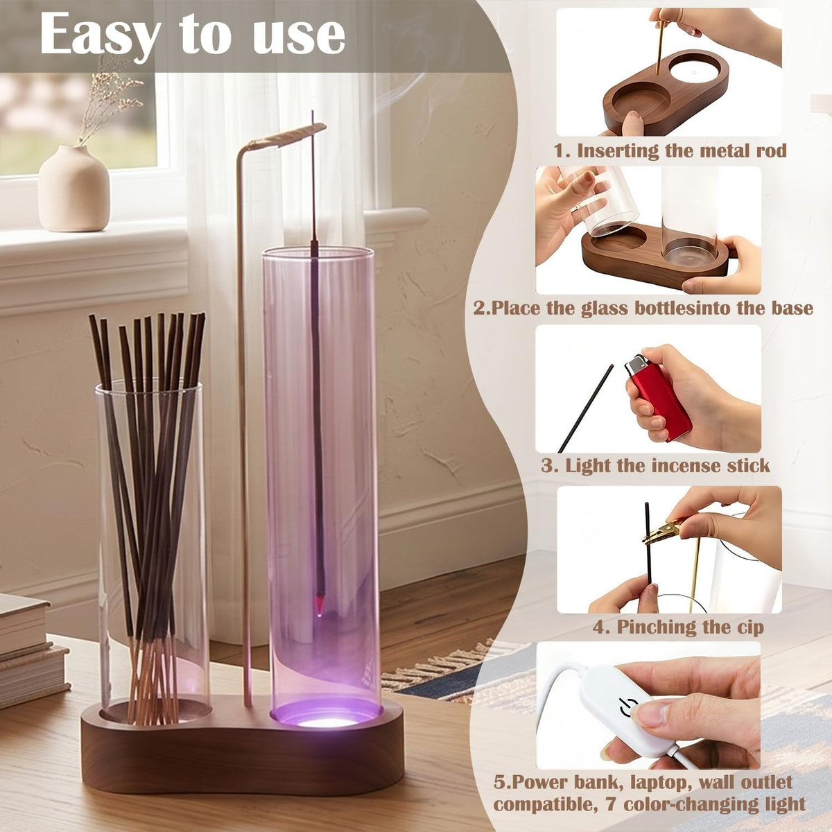 Glowing Glass Incense Holder - 2-in-1 Double Tube Incense Stick Holder with Ash Catcher for Palo Santo, Sage & Meditation - Aesthetic Zen Home Decor for Spa, Yoga & Relaxationn