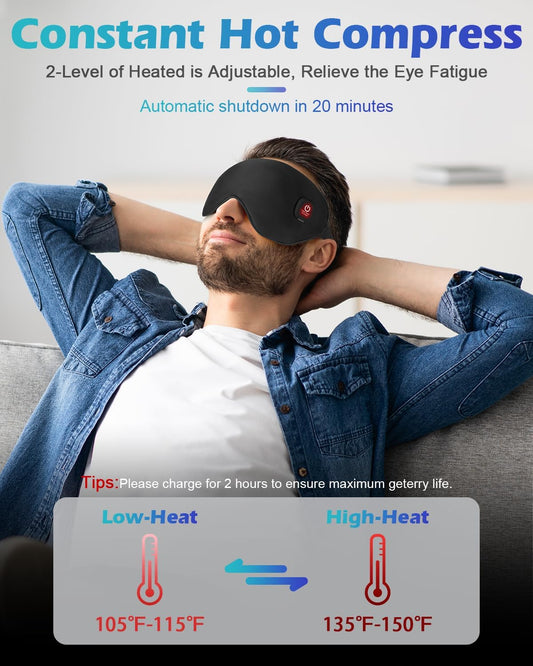 Silk Cordless Heated Eye Mask, Washable Sleep Mask Warm Compress Mask Soft Pressure Free Shade Blindfold Electric Eye Heating Pad for Blepharitis Sinus Stye Gifts for Men Women (Grey)