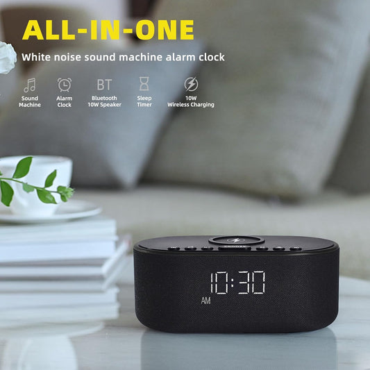 Sound Machine Alarm Clock for Bedrooms: Bluetooth 10W Stereo Sound Speaker with Wireless Charging - White Noise Machine for Sleeping with 21 Soothing Sounds - Putty