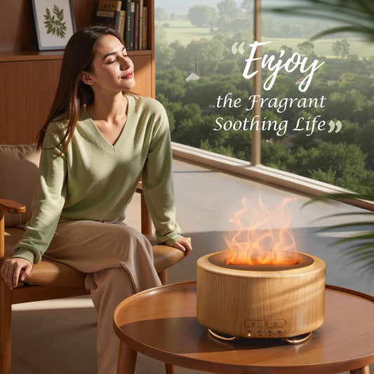 Essential Oil Diffuser for Home: 500ML Aroma Diffuser with Fireplace Flame Light & 9 Colors LED Improved - Quiet <25dB Cool Mist Humidifier for Bedroom Office Yoga Room