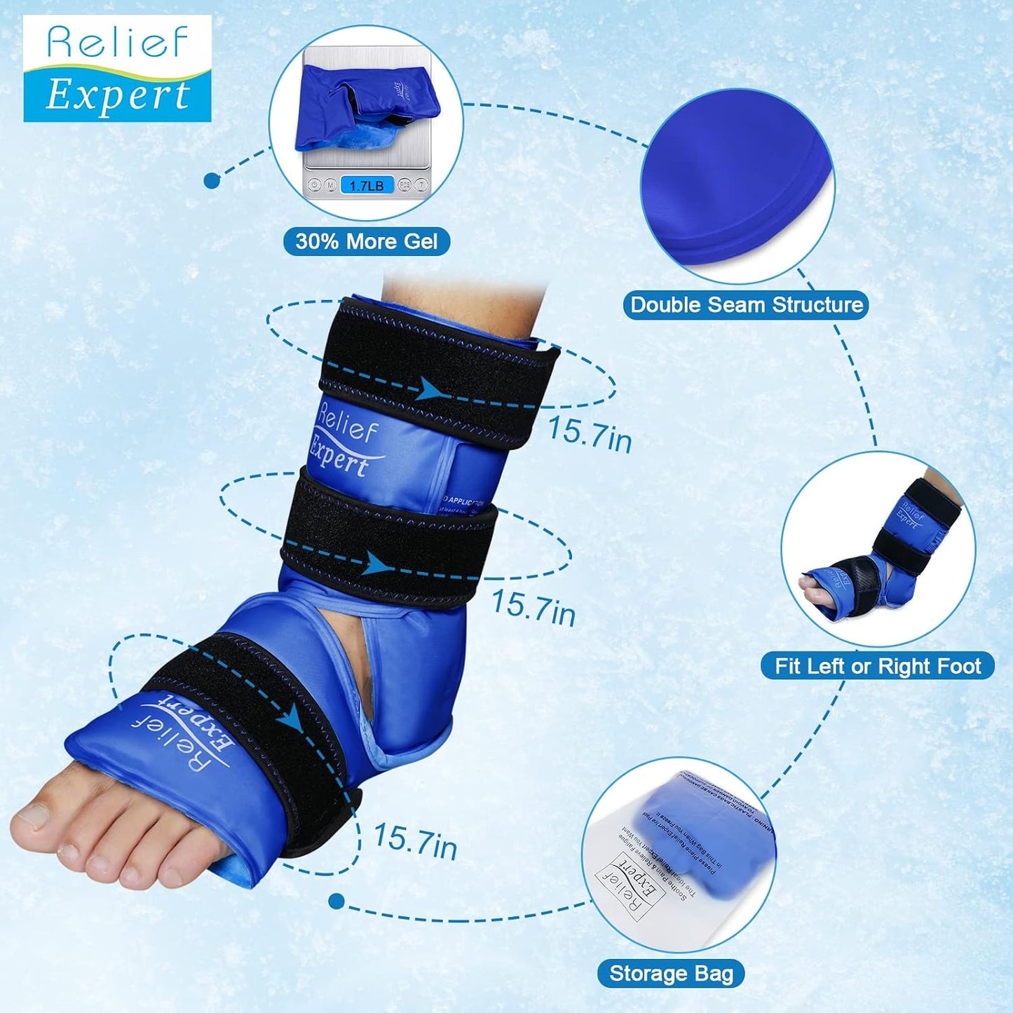 Relief Expert Ankle Ice Pack Wrap – Reusable Cold Gel Pack for Foot and Heel, Dual-Sided Design with Soft Plush Lining, Flexible Cold Compress for Achilles and Ankle Support, Blue