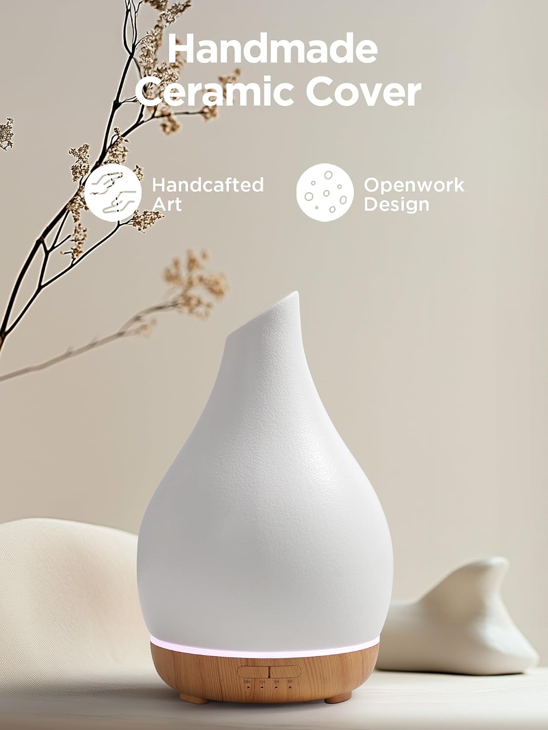 InnoGear Essential Oil Diffuser, 150ml Ceramic Diffuser Handcrafted Stone Aromatherapy Diffusers Ultrasonic Cool Mist Humidifier Vaporizer 2 Mist Modes Waterless for Home, White Vase-Shaped Ceramic