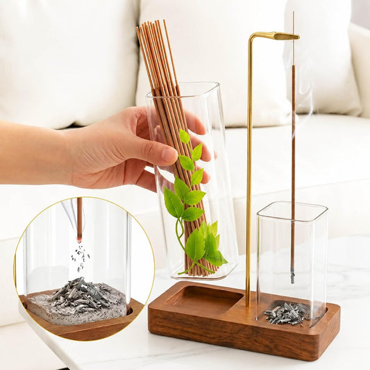 2 in 1 Upside Down Incense Holder Wooden Glass Burner Ash Catcher & Storage