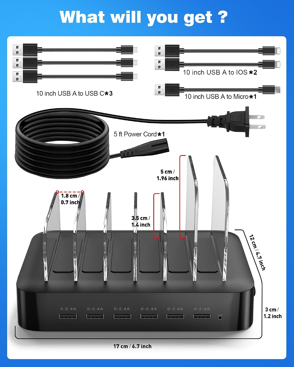 MSTJRY Charging Station for Multiple Devices : 6 Port USB Charger Stations - Family Multi-Device Organizer Charging Dock - Designed for iPhone iPad Android Cell Phone Tablet and Electronic, White