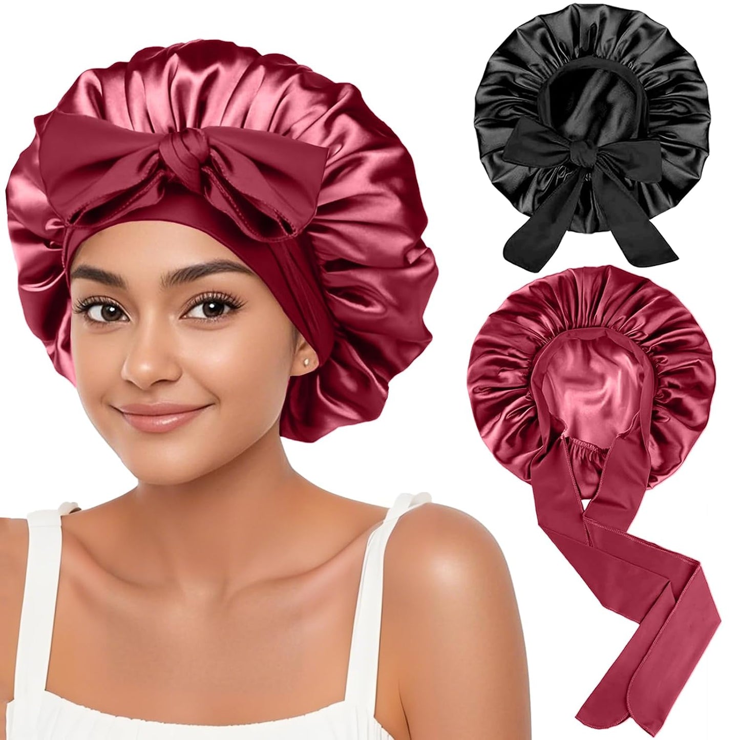 2Pcs Silk Hair Satin Bonnet for Sleeping Women,Large Satin Sleep Bonnets for Women with Elastic Tie Band Silk Hair Wrap with Ajustable Straps,Night Sleep Cap for Curly Braids,Black+Rose Gold