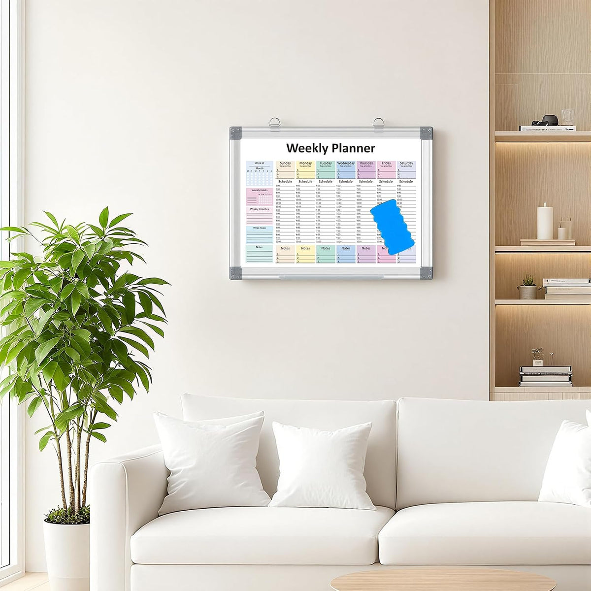 Weekly Hourly Planner Dry Erase Whiteboard with Silver Aluminium Frame for Wall -12" x 16"Hanging Removable Daily Weekly Weekly Planner and Hourly Schedule Checklist (16" x 12")